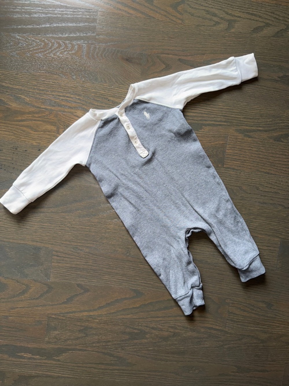 Ralph Lauren Long-Sleeve One-Piece Romper in Gray and White | 9M